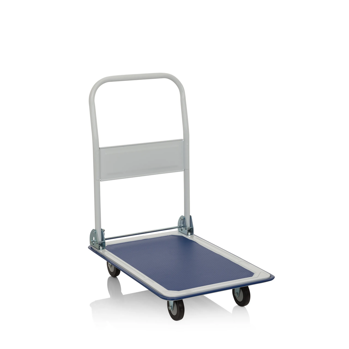 Blau-weißer Plattformwagen CARRY mit klappbarem Griff und vier Rollen von hjh OFFICE – 360-Grad-Ansicht (schräge Frontansicht 40°)