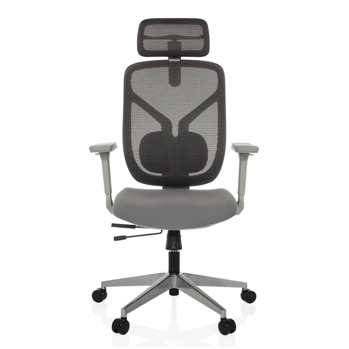 Grauer High-End-Bürostuhl CASSILIS W mit Netzrücken und Fußkreuz mit fünf Rollen von hjh OFFICE – 360-Grad-Ansicht (Frontansicht 0°)