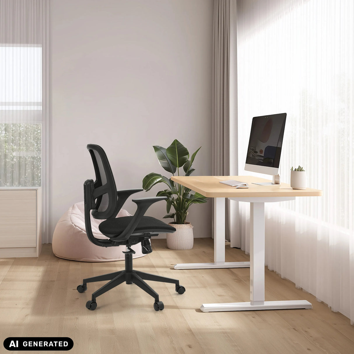 Homeoffice-Bürostuhl Malio in Schwarz an einem höhenverstellbaren Schreibtisch von hjh OFFICE (KI-generiertes Bild)