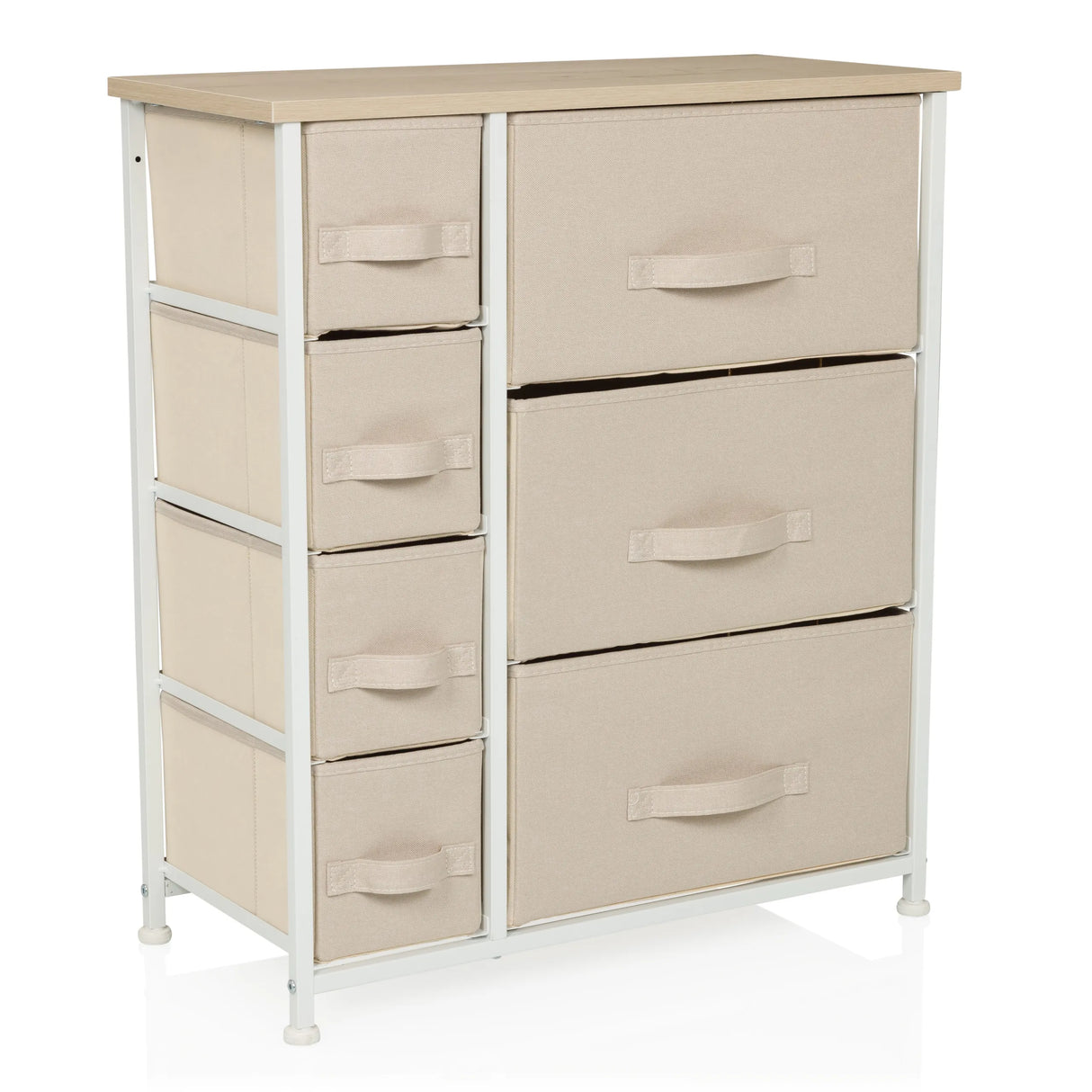 Beige Kommode FOLDRESS B mit sieben Stoffschubladen und weißem Gestell von hjh LIVING – 360-Grad-Ansicht (schräge Frontansicht 30°)