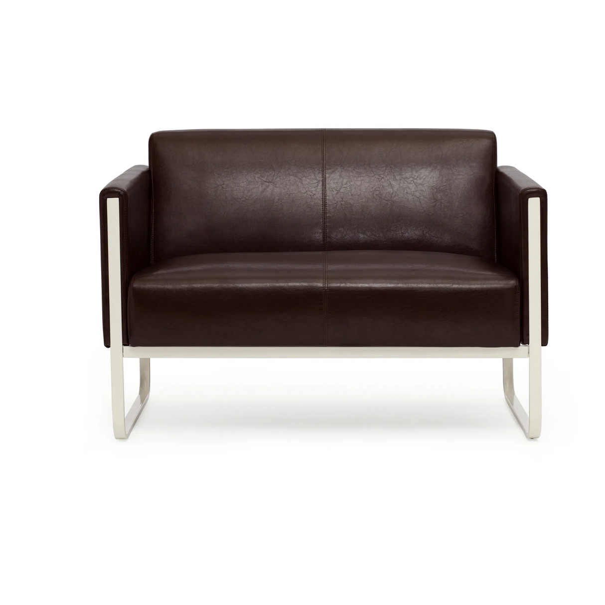 Braunes Loungesofa ARUBA als Zweisitzer mit silbernem Metallgestell von hjh OFFICE – 360-Grad-Ansicht (Frontansicht 0°)
