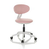 Rosa Kinderdrehstuhl MINIMOVO mit weißem Fußkreuz und fünf Rollen von hjh OFFICE – 360-Grad-Ansicht (schräge Frontansicht 30°)
