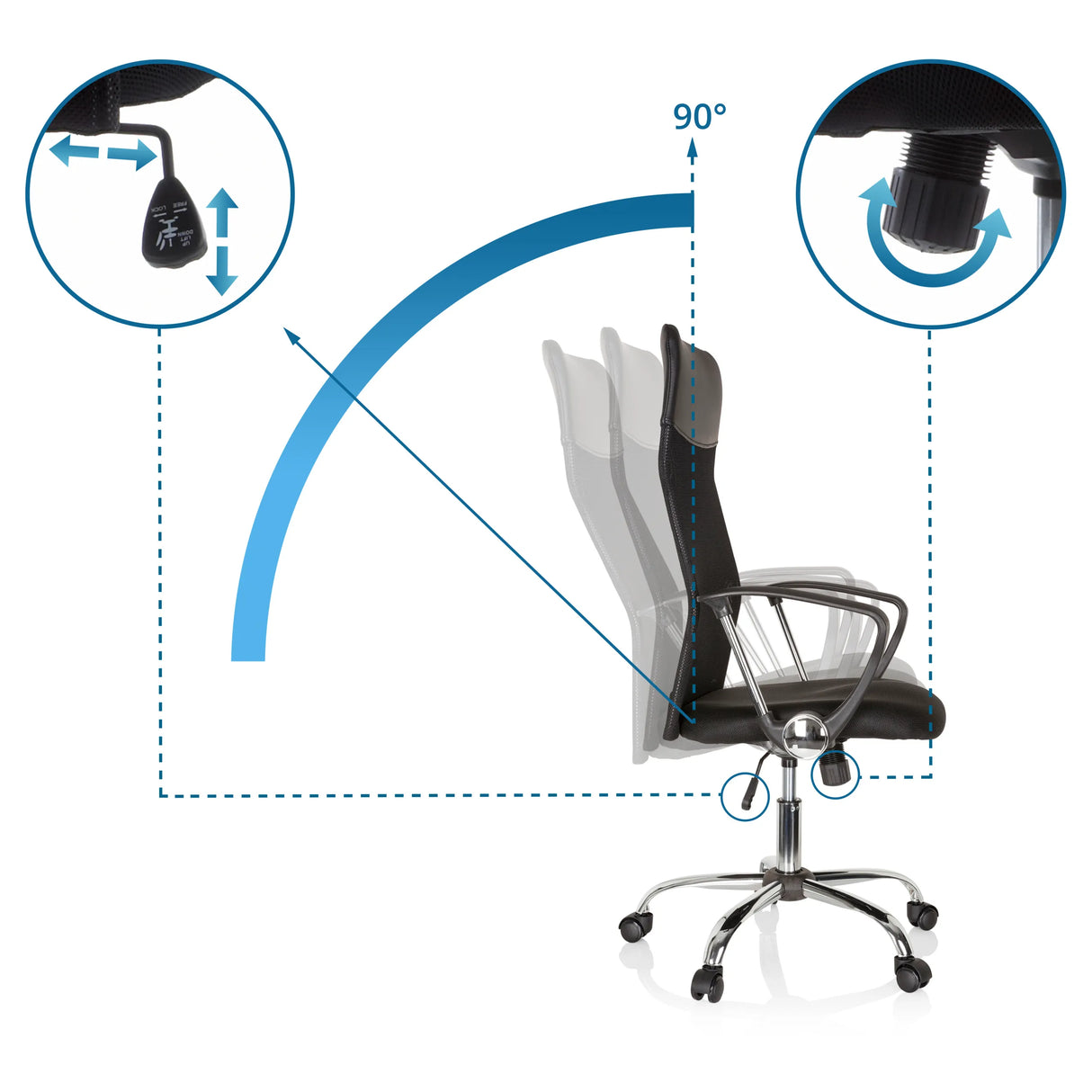 Verstellmechanismus der Rückenlehne mit 90° Neigungswinkel beim Homeoffice Chefsessel ARIA HIGH von hjh OFFICE