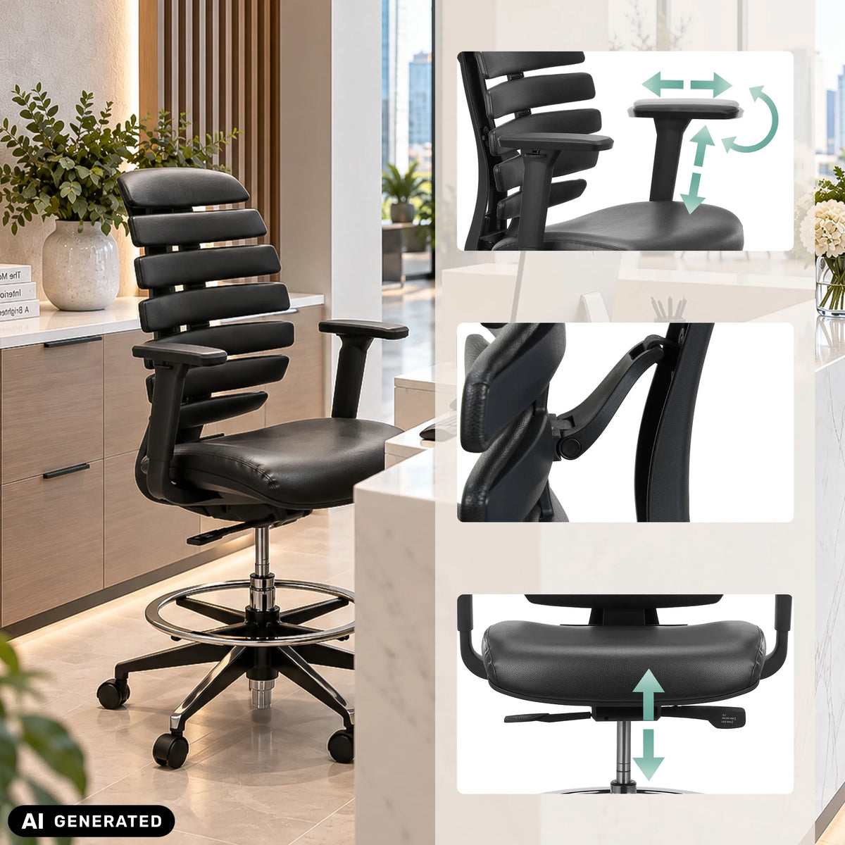 Verstellbare Armlehnen und Sitzhöhe des Counterstuhls ERGO LINE II WORK von hjh OFFICE (KI-generiertes Bild)