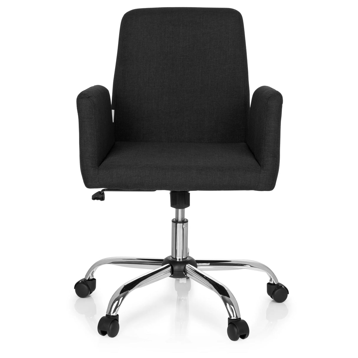 Schwarzer Homeoffice-Bürostuhl FLOW mit Armlehnen und glänzendem Fußkreuz mit fünf Rollen von hjh OFFICE – 360-Grad-Ansicht (Frontansicht 0°)