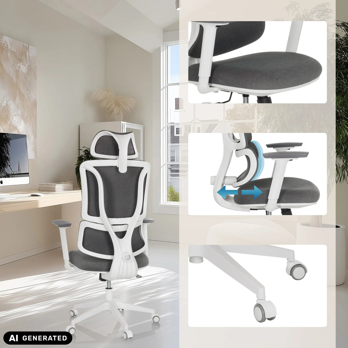 Homeoffice-Bürostuhl ERGOMY WF in Grau-Weiß mit verstellbaren Armlehnen und Rollenkreuz von MyBuero (KI-generiertes Bild)