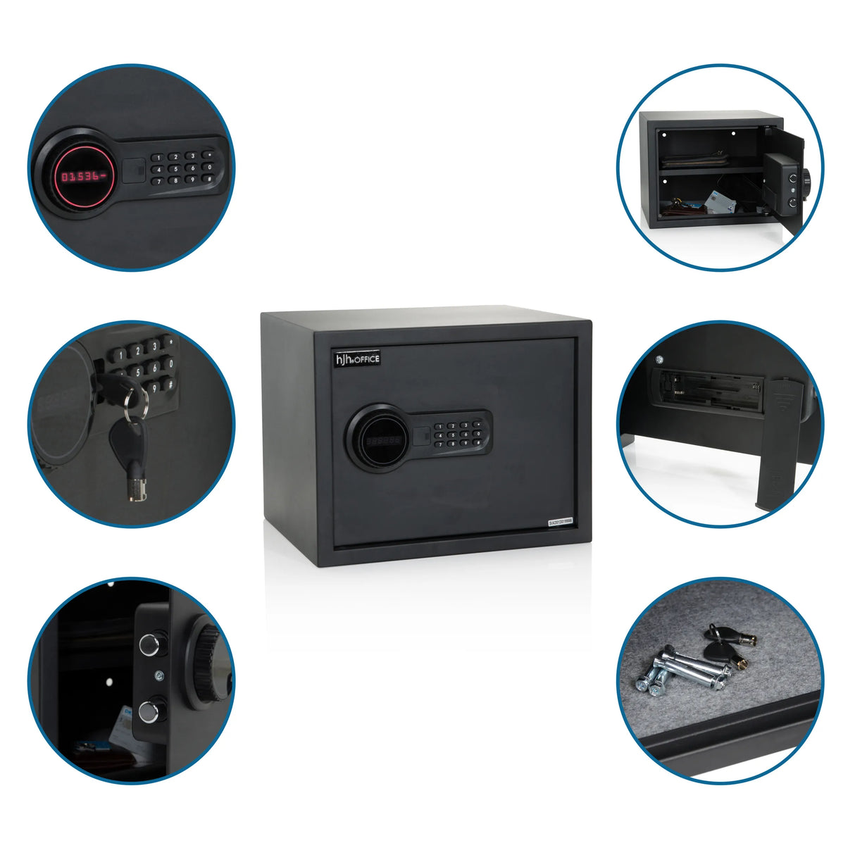 Schwarzer Tresor SAFE COMPACT mit Digitalcode-Schloss, Notschlüsseln und Innenboden-Befestigung von hjh OFFICE