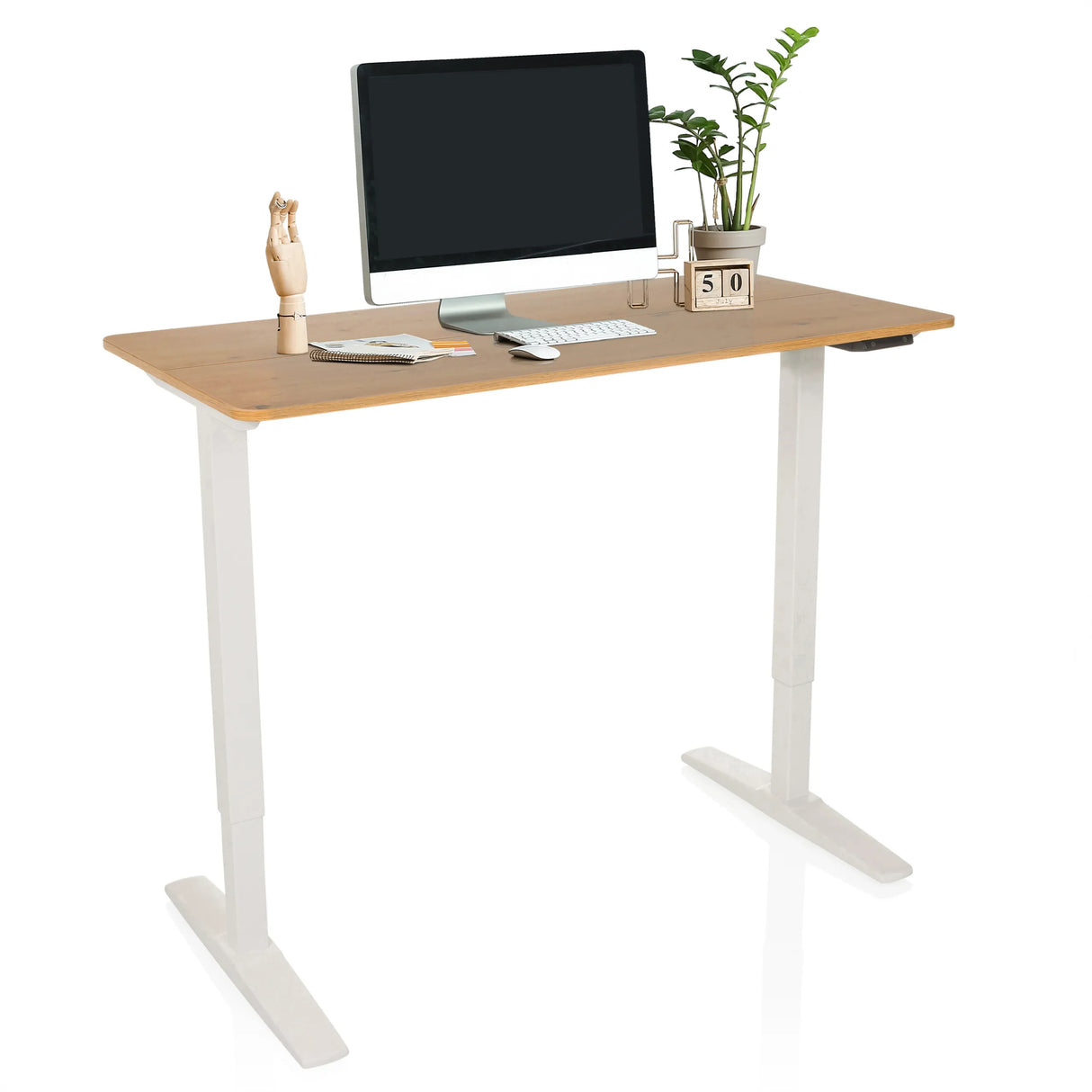 Elektrisch höhenverstellbarer Schreibtisch STAND BASIC in Weiß und Eiche mit Zubehör von hjh OFFICE