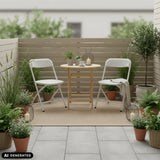 Zwei weiße Outdoor-Stühle TUDELA XXL PRO W an einem runden Holztisch auf einer Terrasse von hjh OFFICE (KI-generiertes Bild)