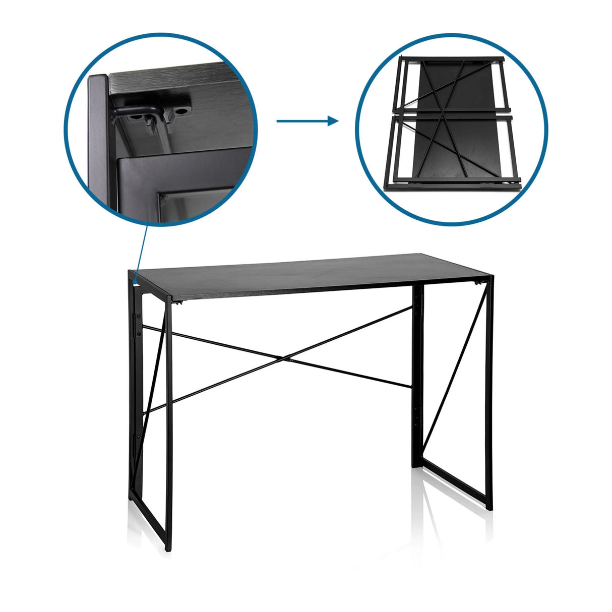 Klappmechanismus und zusammengeklappte Ansicht des Klappschreibtisches EASY UP MULTI von hjh OFFICE
