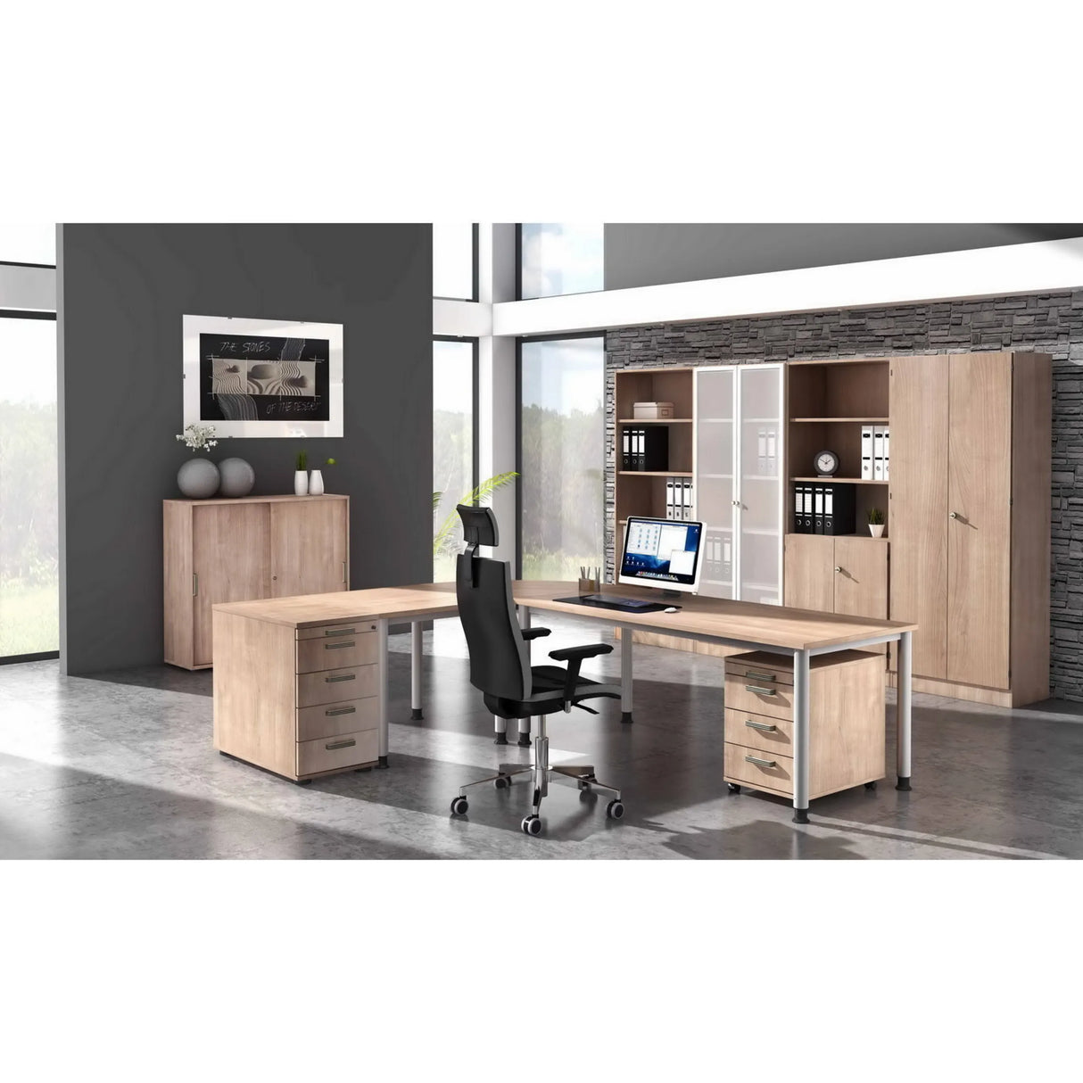 L-förmiger Schreibtisch HILO 8 S in Asteiche mit zwei Rollcontainern und Bürostuhl von hjh OFFICE PRO