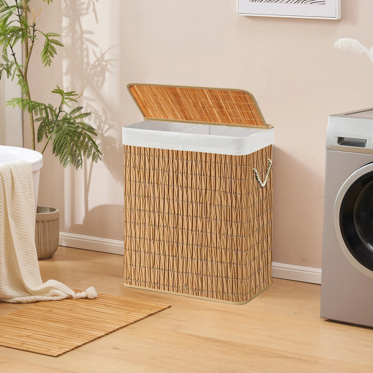 Brauner Wäschekorb FALSTER XL R mit Bambusdeckel, zwei Fächern und weißem Innenfutter von hjh LIVING