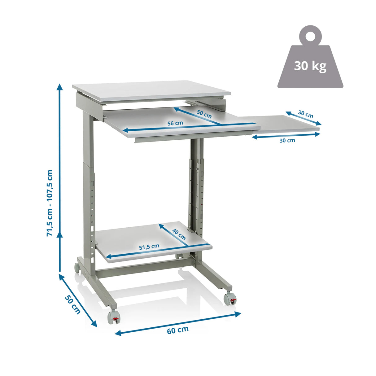 Maßzeichnung des Stehschreibtisches WORKSTATION mit einer Höhe von 71,5 bis 107,5 cm von hjh OFFICE