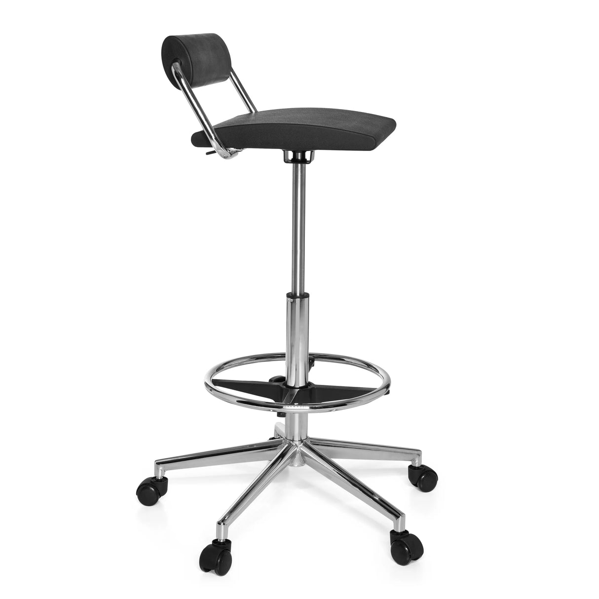 Schwarzer Drehhocker TOP WORK 28 mit Fußring und Fußkreuz mit fünf Rollen von hjh OFFICE – 360-Grad-Ansicht (Seitenprofil 80°)