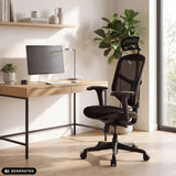 Schwarzer Bürostuhl Enjoy Eco FB mit Netzrückenlehne an einem Schreibtisch von hjh OFFICE (KI-generiertes Bild)