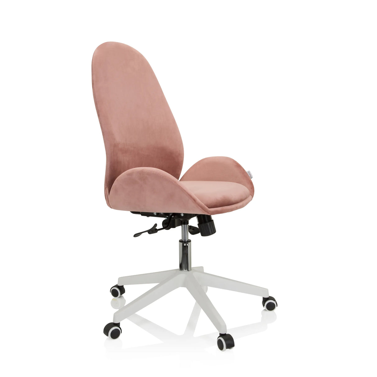 Rosa Homeoffice-Bürostuhl AVEA mit Armlehnen und weißem Fußkreuz mit fünf Rollen von hjh OFFICE – 360-Grad-Ansicht (schräge Frontansicht 60°)