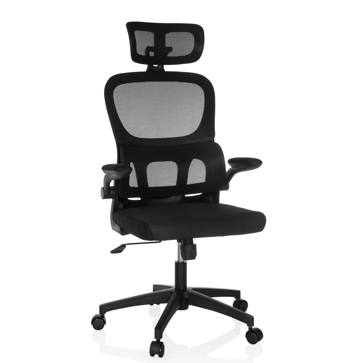 Schwarzer Homeoffice-Bürostuhl ERGOMY FLEX mit Netzrücken, Kopfstütze und Fußkreuz mit fünf Rollen von MyBuero – 360-Grad-Ansicht (Frontansicht 15°)