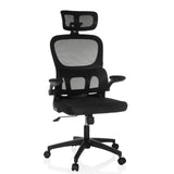 Schwarzer Homeoffice-Bürostuhl ERGOMY FLEX mit Netzrücken, Kopfstütze und Fußkreuz mit fünf Rollen von MyBuero – 360-Grad-Ansicht (Frontansicht 15°)