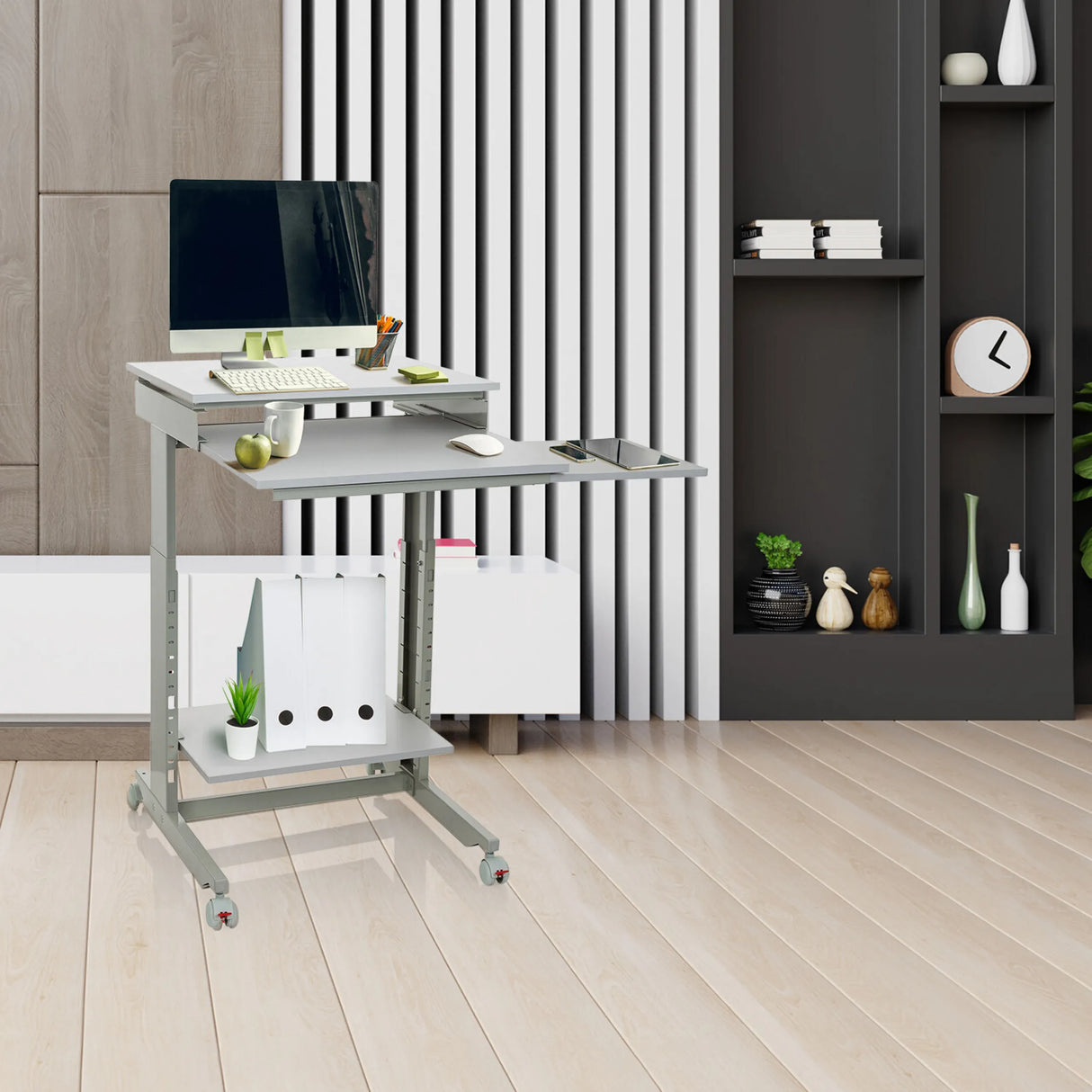 Grauer Stehschreibtisch WORKSTATION mit zwei Ebenen, Ablagefläche und Rollen von hjh OFFICE
