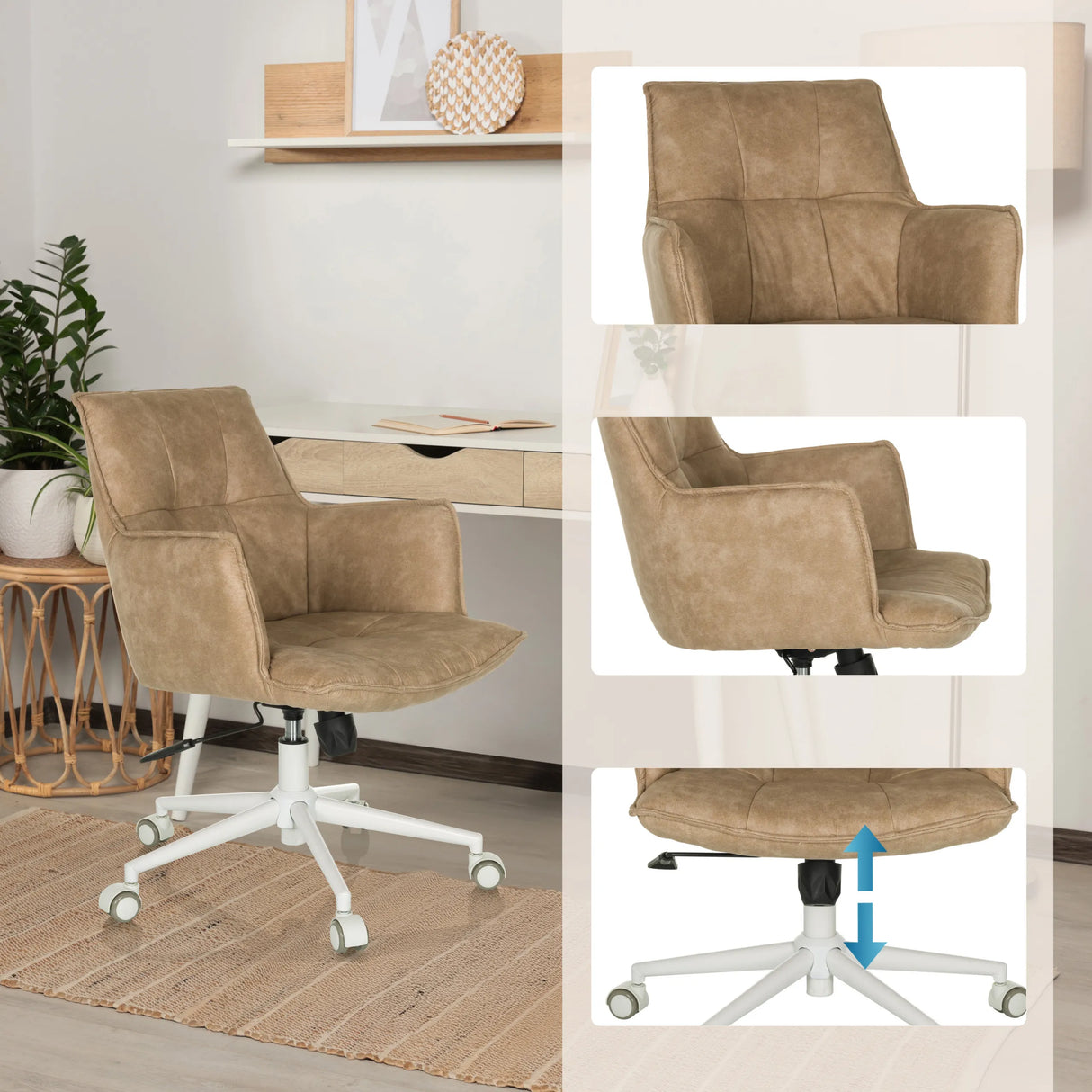 Beiger Home-Office-Bürostuhl SOLAO LIFE W mit höhenverstellbarem Sitz und weißem Fußkreuz von hjh LIVING