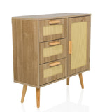 Hellbraunes Sideboard STRYN mit drei Schubladen, einer Tür und Wiener Geflecht von hjh LIVING – 360-Grad-Ansicht (schräge Frontansicht 45°)