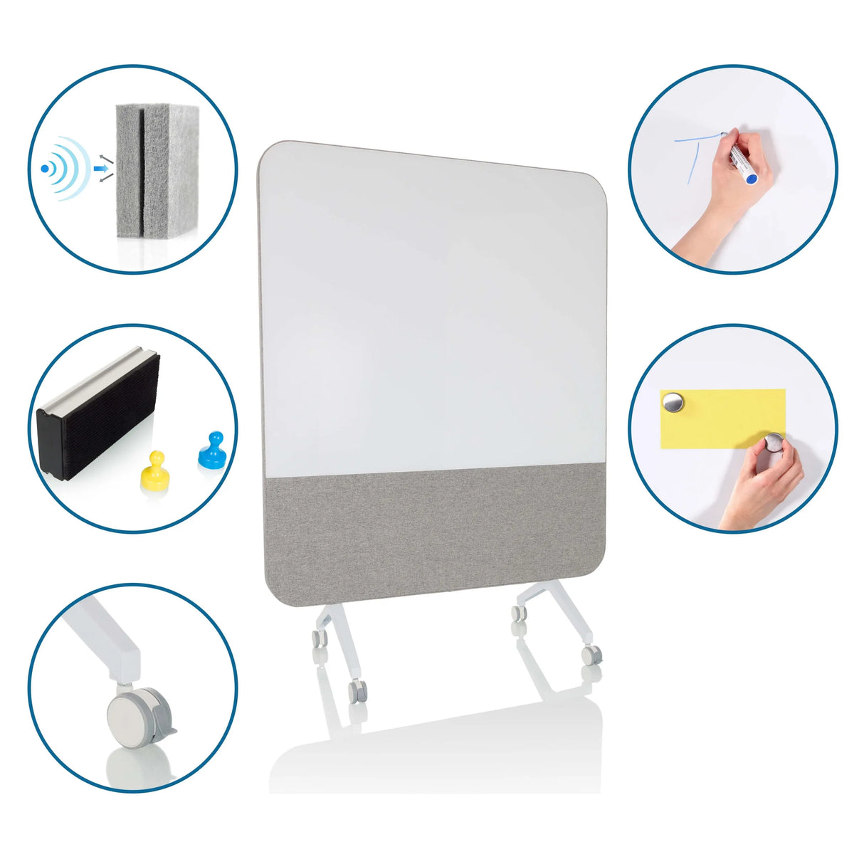Whiteboard VISION BOARD in Grau mit integrierter Ablage, Rollen und schallabsorbierender Fläche von hjh OFFICE