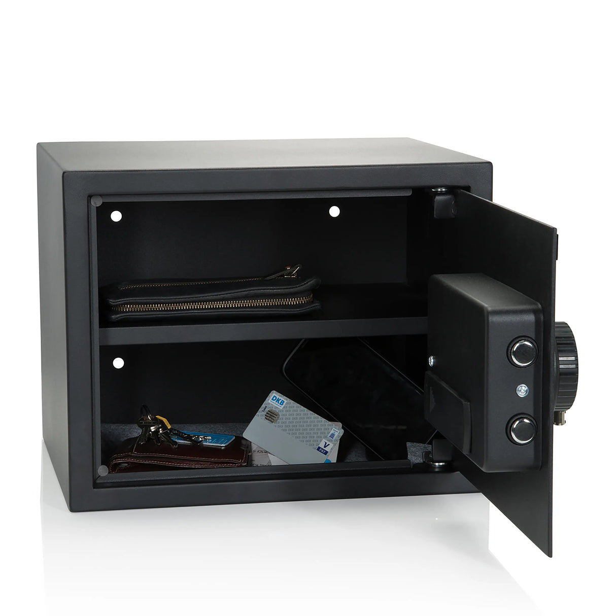 Geöffneter Tresor SAFE COMPACT in Schwarz mit zwei Ablagefächern und Zahlenschloss von hjh OFFICE