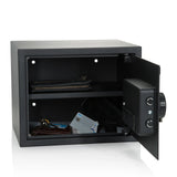 Geöffneter Tresor SAFE COMPACT in Schwarz mit zwei Ablagefächern und Zahlenschloss von hjh OFFICE
