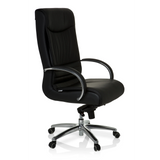 Schwarzer Drehstuhl XXL F 400 aus Leder mit Fußkreuz und fünf Rollen von hjh OFFICE – 360-Grad-Ansicht (schräge Frontansicht 60°)