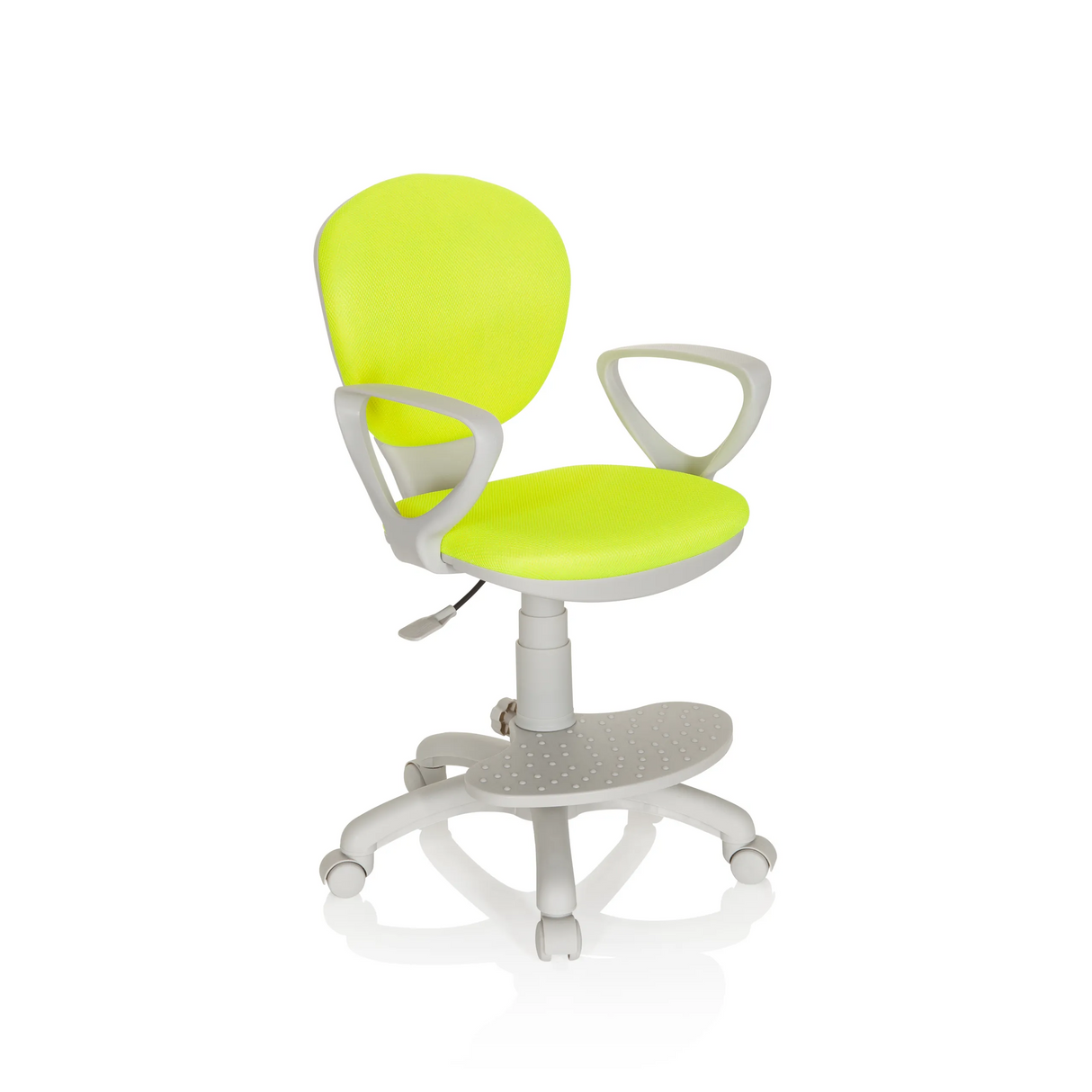 Grüner Kinderdrehstuhl KID COLOUR G1 mit grauen Armlehnen und Fußkreuz mit fünf Rollen von hjh OFFICE – 360-Grad-Ansicht (schräge Frontansicht 40°)