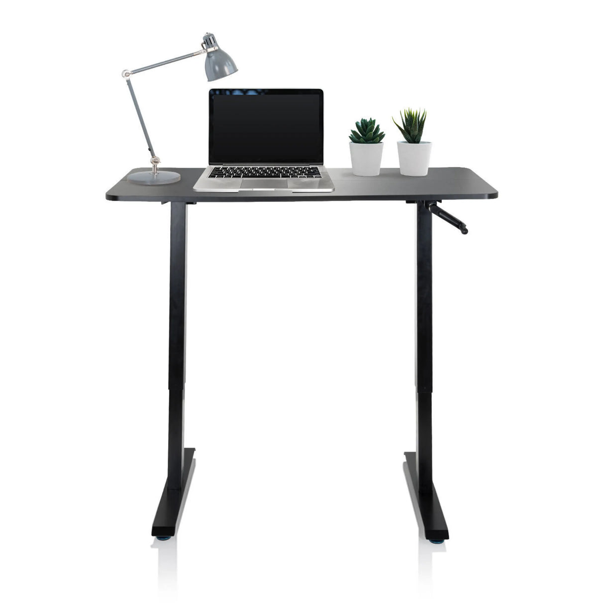 Schwarzer Stehschreibtisch STAND CR mit Laptop, Schreibtischlampe und zwei kleinen Pflanzen von hjh OFFICE