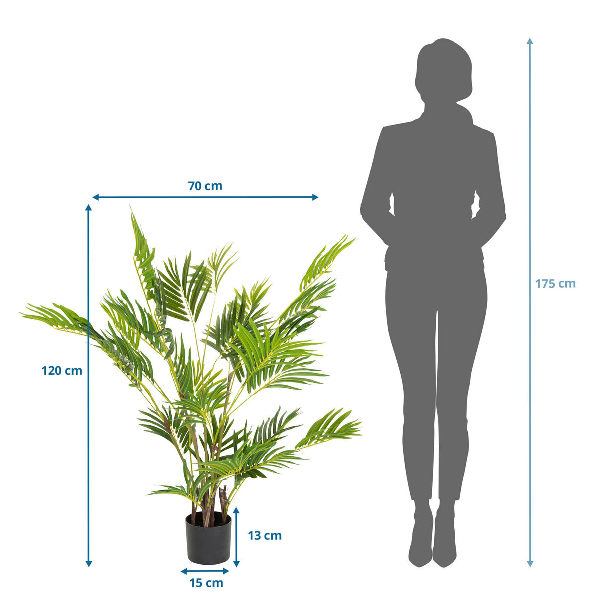 Maßzeichnung der Kunstpflanze ARECA I mit einer Höhe von 120 cm und Breite von 70 cm von hjh OFFICE