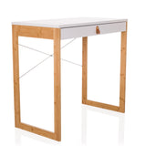 Weißer Schreibtisch TAROLO II mit einer Schublade, braunem Ledergriff und Holzbeinen von hjh LIVING – 360-Grad-Ansicht (schräge Frontansicht 45°)