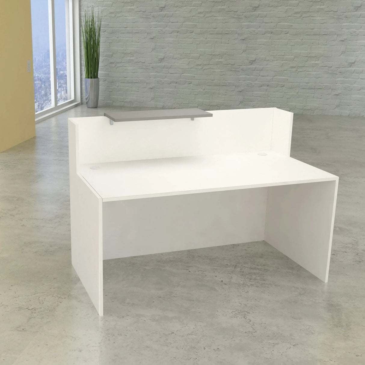 Weiße Empfangstheke SUNSET mit grauer Ablageplatte und Kabelauslässen von Kerkmann