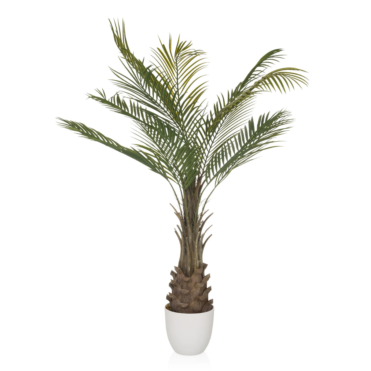 Grüne Kunstpflanze DRACAENA in Form einer Palme mit weißem Übertopf von hjh OFFICE – 360-Grad-Ansicht (Frontansicht 0°)