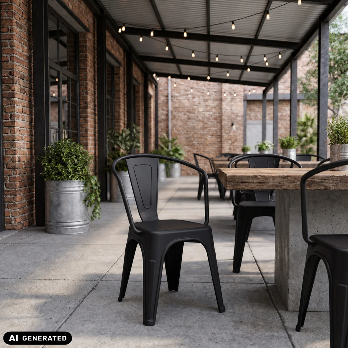 Schwarze Bistrostühle Vantaggio Poly an einem Holztisch im Außenbereich von hjh OFFICE (KI-generiertes Bild)