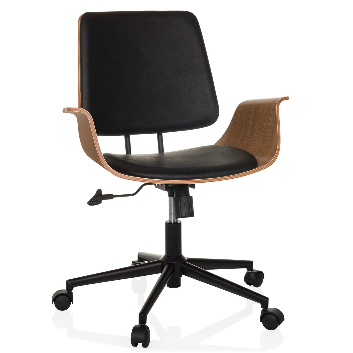 Schwarzer Homeoffice-Bürostuhl CENCA II mit Holzschale und Fußkreuz mit fünf Rollen von hjh LIVING – 360-Grad-Ansicht (Frontansicht 15°)