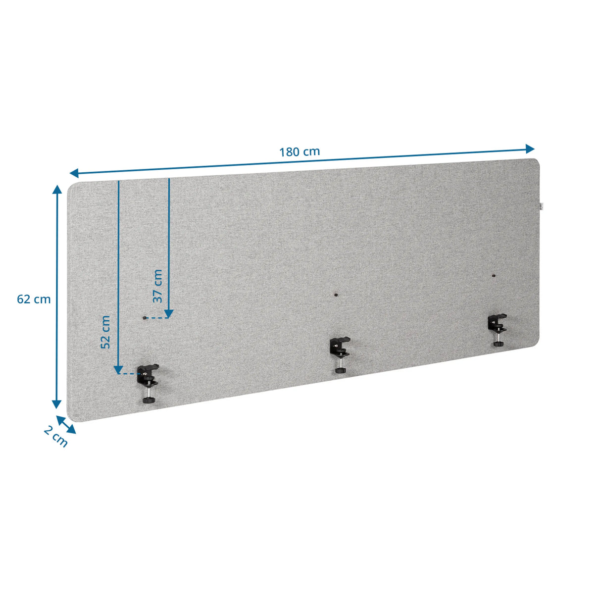 Maßzeichnung der Tischtrennwand FLEXMIUT D 180 mit 180 × 62 cm von hjh OFFICE