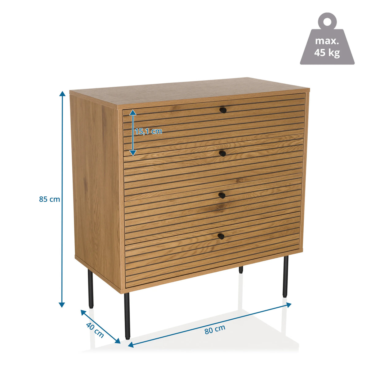 Maßzeichnung der Kommode LINNO K mit 80 x 40 cm und einer Höhe von 85 cm von hjh LIVING
