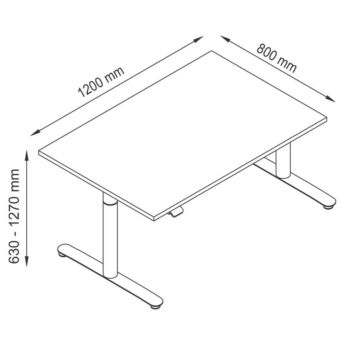 Technische Zeichnung des Schreibtischs XDLR 12 W mit 1200 × 800 mm von hjh OFFICE PRO
