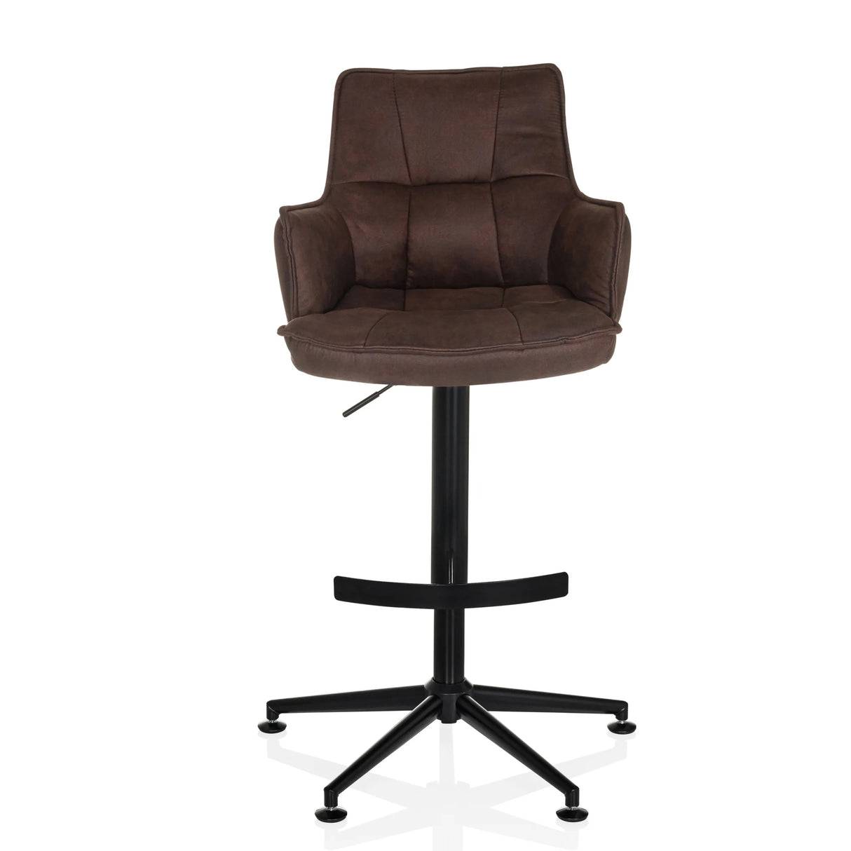 Brauner Barhocker SOLAO LIFE HIGH mit gesteppter Polsterung und schwarzem Fußkreuz von hjh LIVING – 360-Grad-Ansicht (Frontansicht 0°)