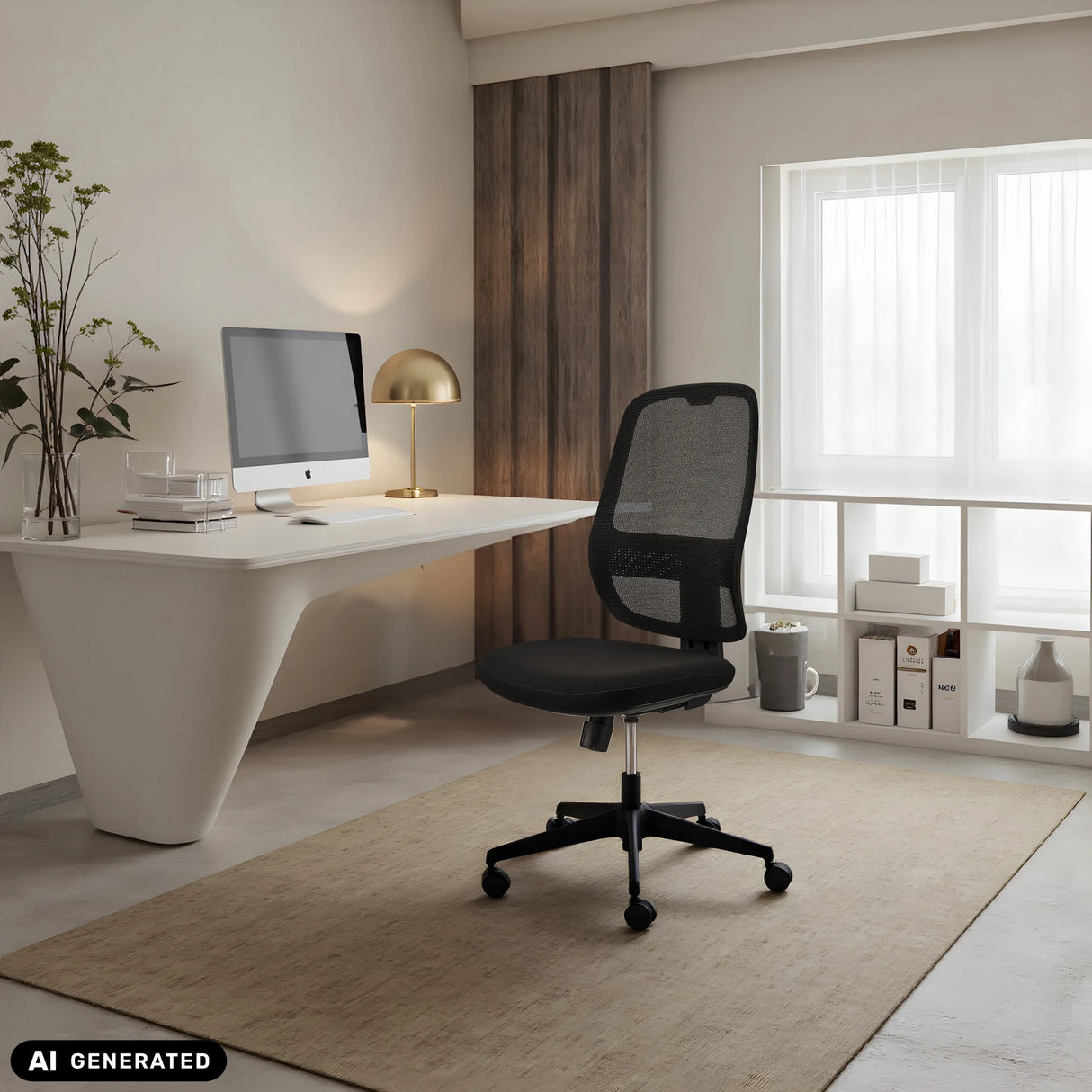 Schwarzer Profi-Bürostuhl Minoro B mit Netzrückenlehne in einem hellen Homeoffice von hjh OFFICE (KI-generiertes Bild)