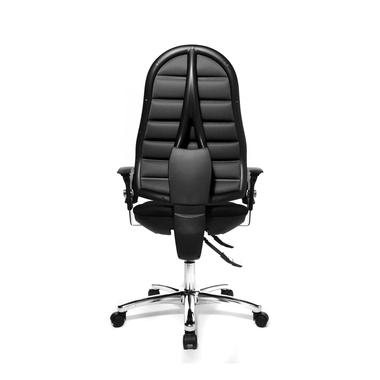 Rückseite des Profi-Bürostuhls Flex Point SY Deluxe in Schwarz mit Steppung und Fußkreuz von Topstar