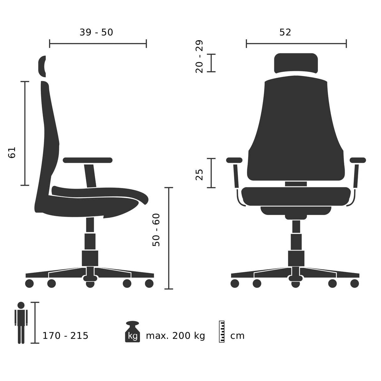 Technische Zeichnung des XXL Drehstuhls 24 HOURS F mit einer Belastbarkeit bis 200 kg von hjh OFFICE