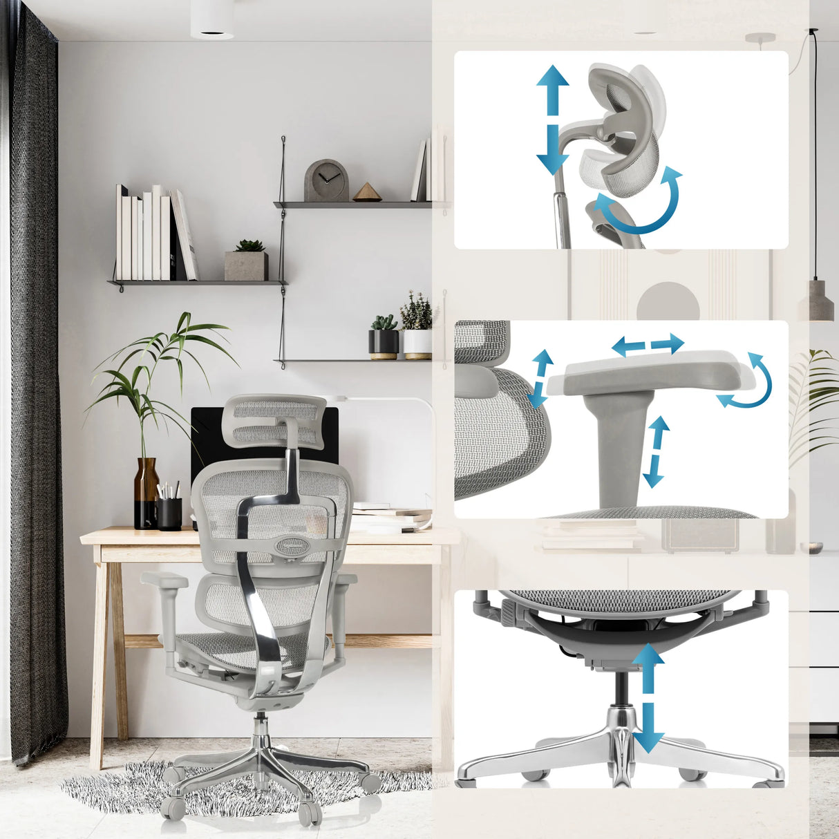 Verstellmöglichkeiten der Kopfstütze, Armlehnen und Sitzhöhe des Luxus Chefsessels ERGOHUMAN ULTRA G GEN2 von hjh OFFICE