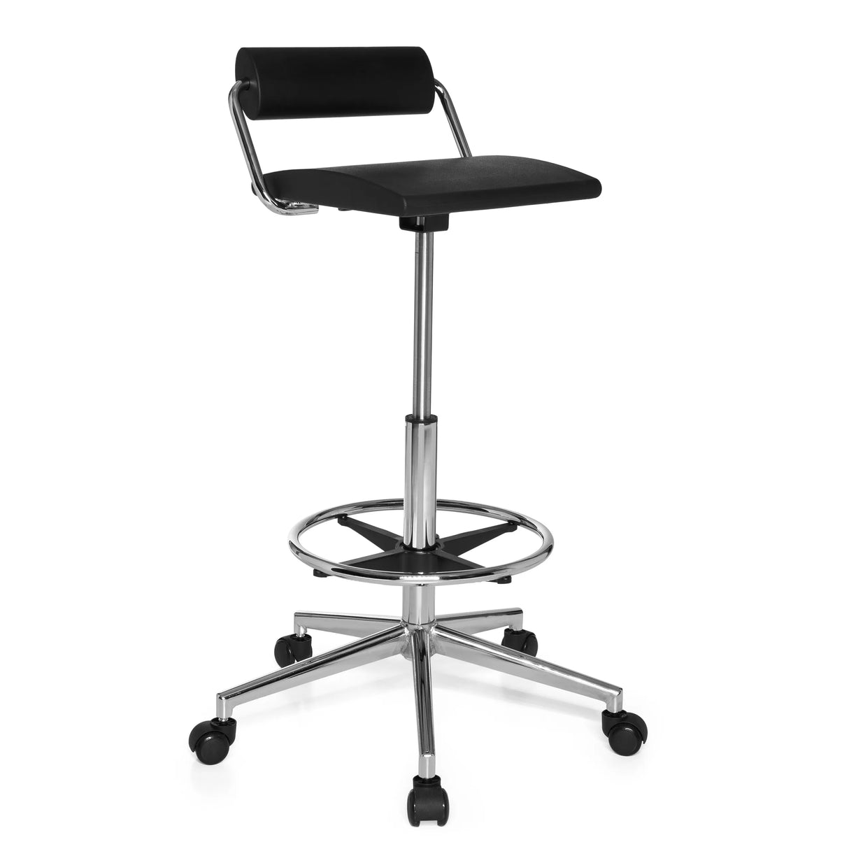 Schwarzer Drehhocker TOP WORK 28 mit Fußring und Fußkreuz mit fünf Rollen von hjh OFFICE – 360-Grad-Ansicht (schräge Frontansicht 40°)