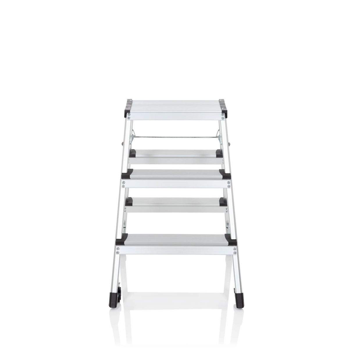 Silberne Klappleiter SOLID IV aus Aluminium mit drei Stufen von hjh OFFICE – 360-Grad-Ansicht (Frontansicht 0°)