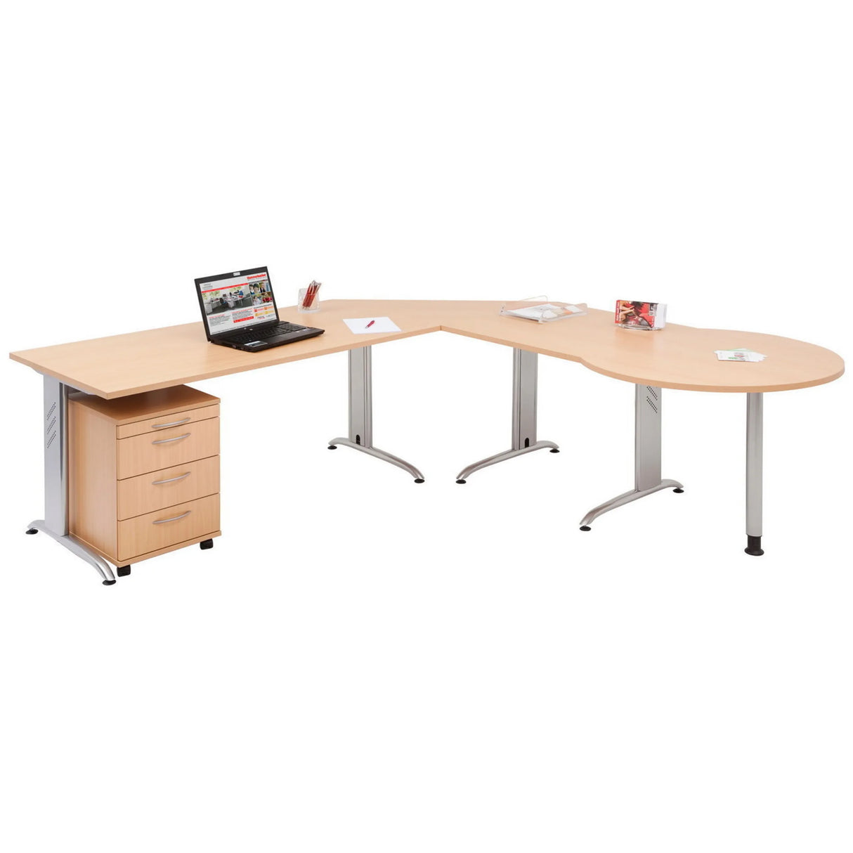 L-förmiger Schreibtisch BELA 19 S in Asteiche mit integriertem Rollcontainer von hjh OFFICE PRO