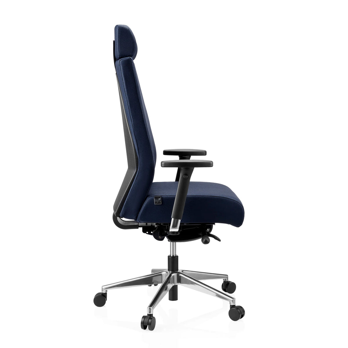 Blauer Profi-Bürostuhl PRO-TEC XXL mit Kopfstütze und Fußkreuz mit fünf Rollen von hjh OFFICE – 360-Grad-Ansicht (Seitenprofil 90°)
