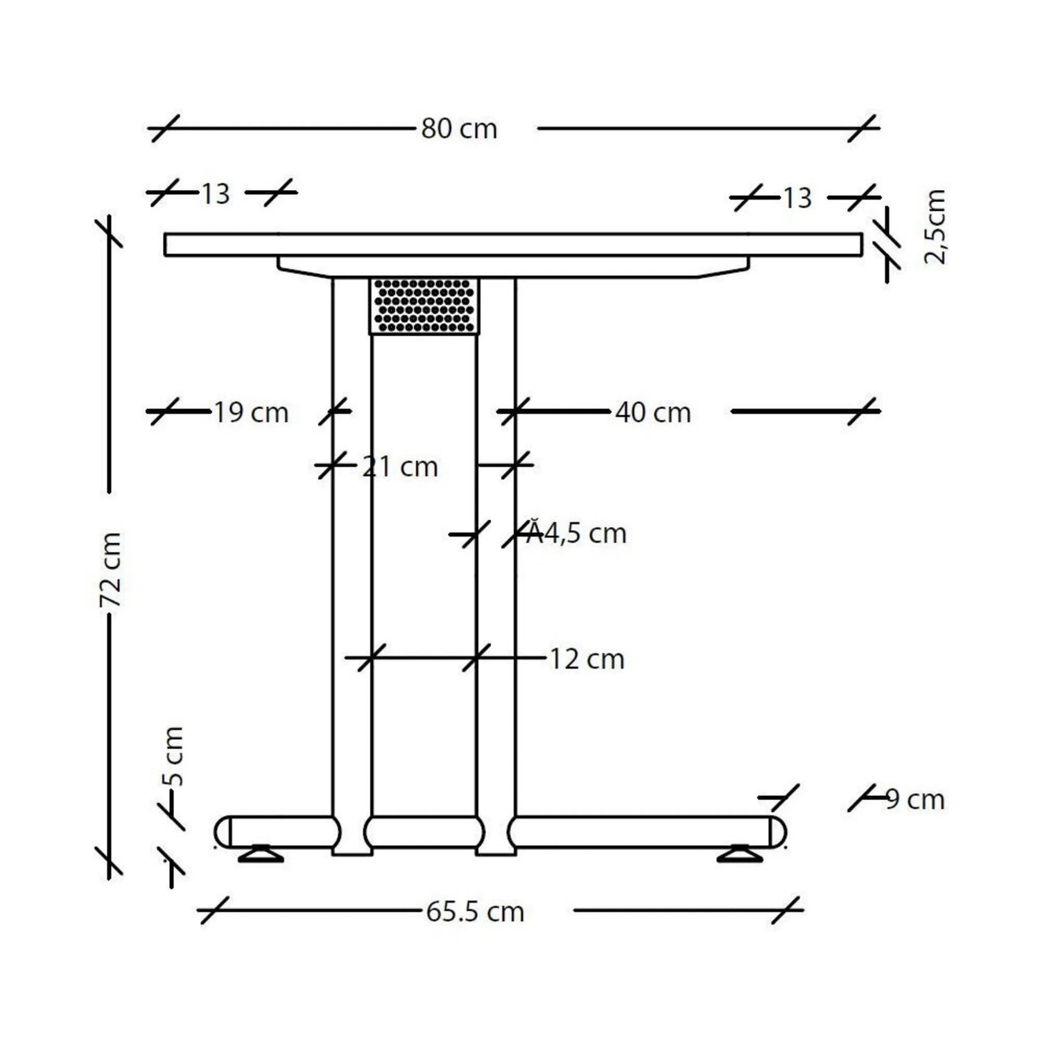Maßzeichnung des Schreibtisches NANO 16 S der Serie NANO mit einer Höhe von 72 cm von hjh OFFICE PRO